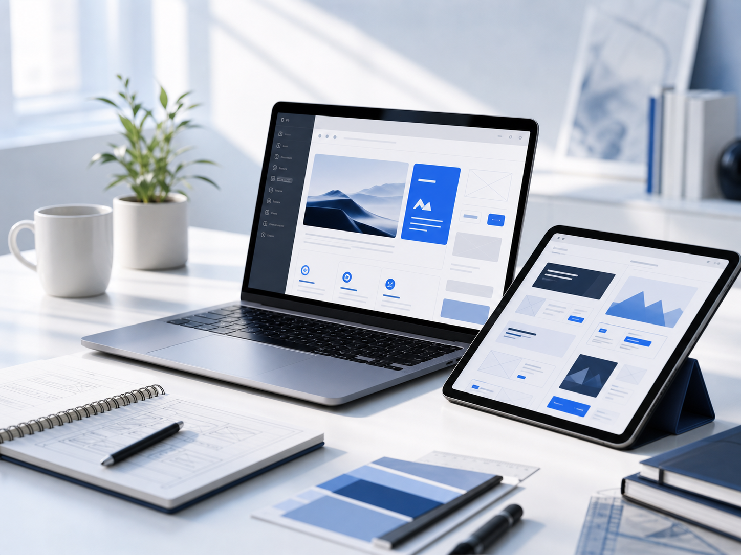 Laptop and tablet showing website wireframes